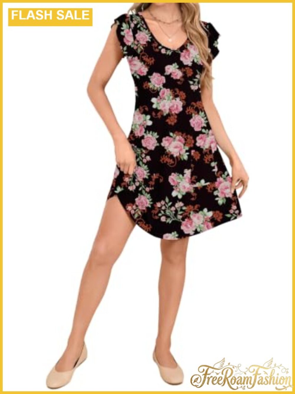 Womens Casual V Neck Ruffle Sleeve T Shirt Mini Dress Lightweight